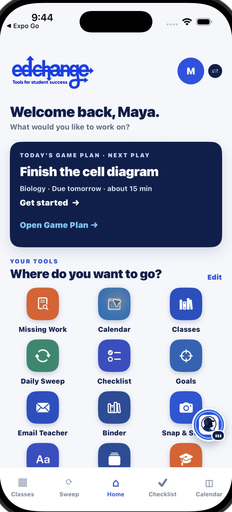 Class Coach iPhone home with dashboard tools and a clear next action for Biology
