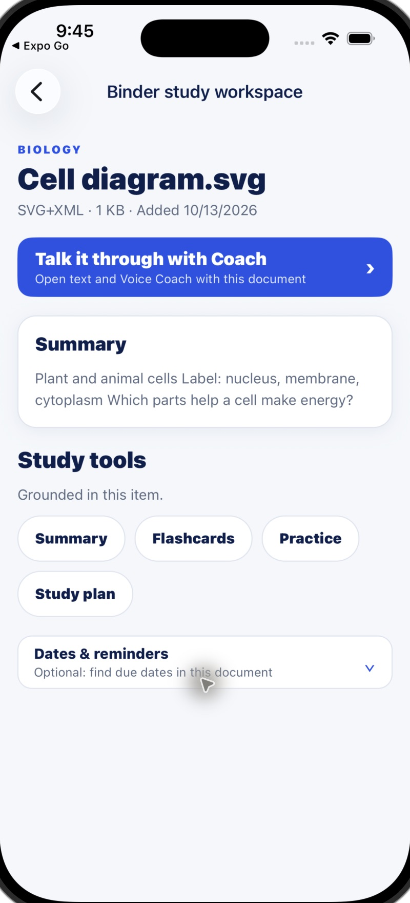 Class Coach iPhone Binder with summary, flashcards, practice, study plan, and Voice Coach tools